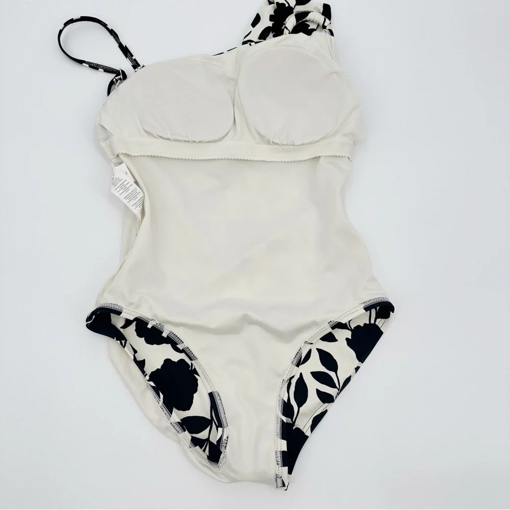 Kate Spade Geranium‎ Grove Buckle One-Shoulder Black Ivory Floral Swimsuit XS